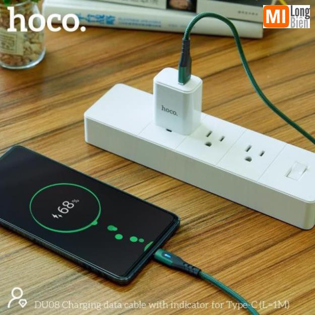 Cáp sạc Hoco DU08/DU08 Plus Type-C USB, hỗ trợ sạc nhanh 2.4A, dây bọc dù chống đứt, gập, có đèn LED báo sạc dài 1m/2m