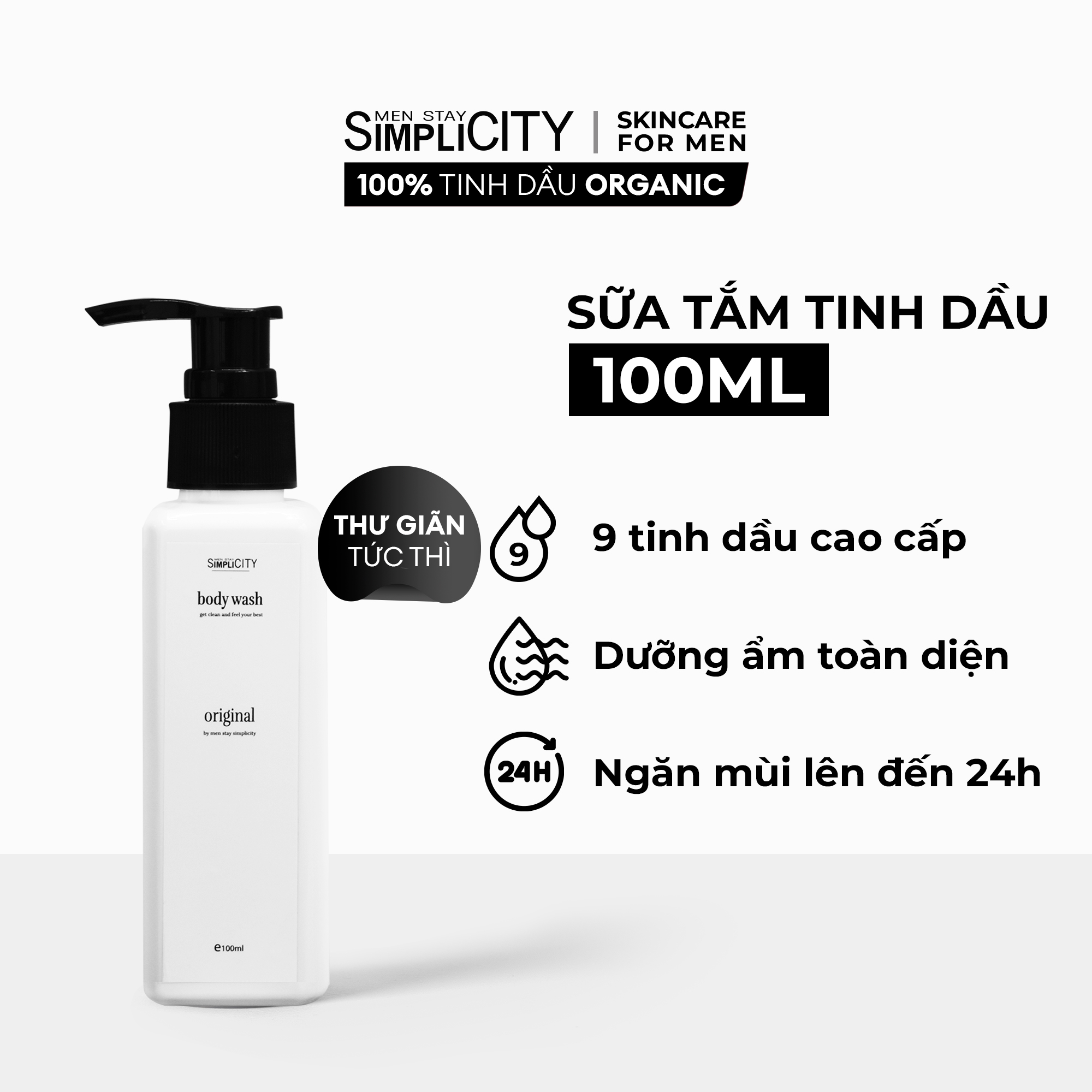 Sữa tắm nam Men Stay Simplicity tinh dầu organic dưỡng ẩm và ngăn mùi 24h tự tin dẫn đầu Body wash for Prime 500ml