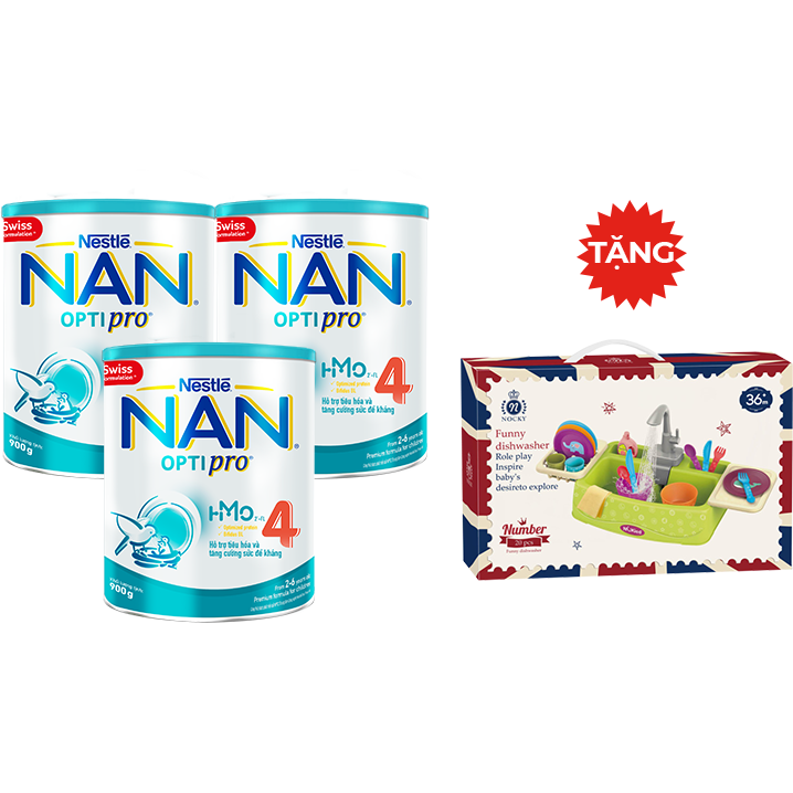 Combo 3 Lon Sữa Bột Nestlé NAN OPTIPRO HM-O 4 900g - Tặng 01 Bộ Đồ Chơi Rửa Chén