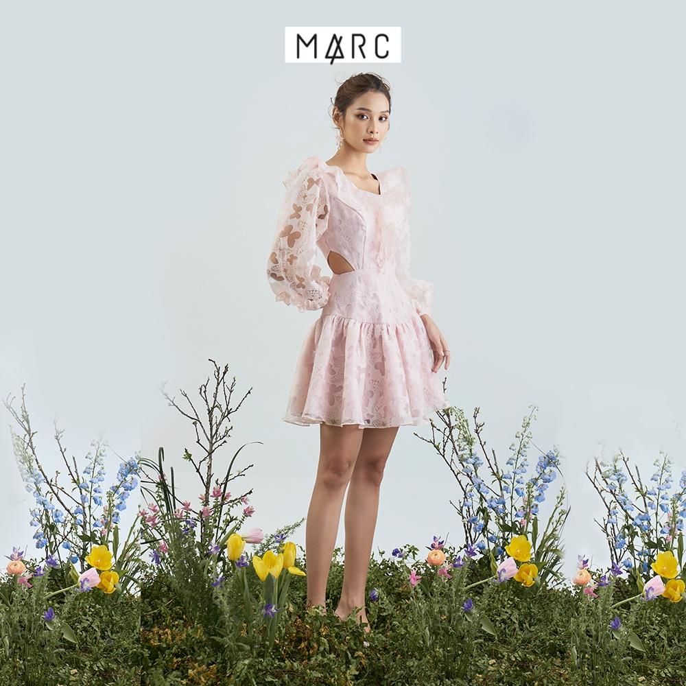 Đầm voan nữ MARC FASHION tay dài cutout eo cổ tim phối bèo FANH112522