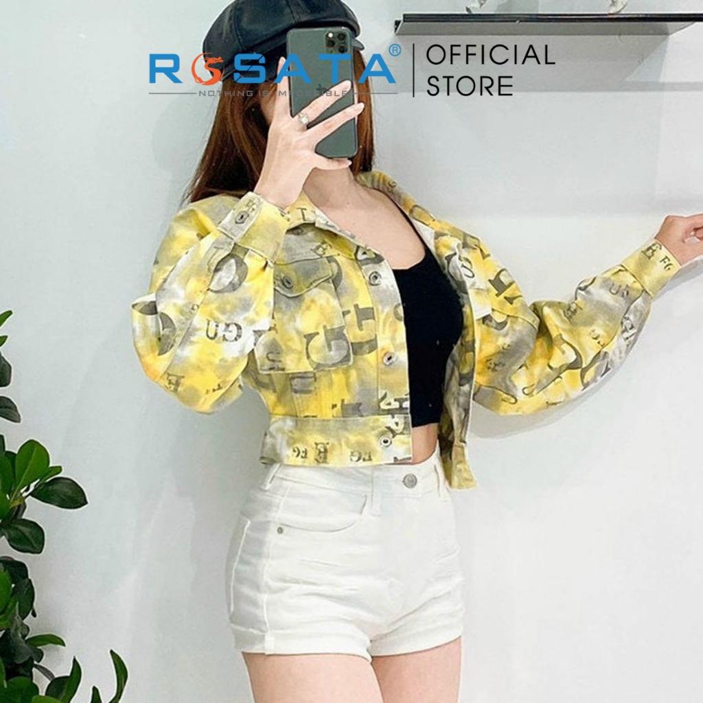 Áo khoác nữ ROSATA K05 croptop jeans tay dài Freesize in họa tiết mix dạo phố màu vàng cao cấp xuất xứ Việt Nam