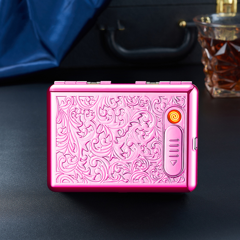 Bật Lửa Điện Kiêm Hộp Đựng Thuốc Kẹp 20Đ Hoa Văn Hồng - Sạc Điện