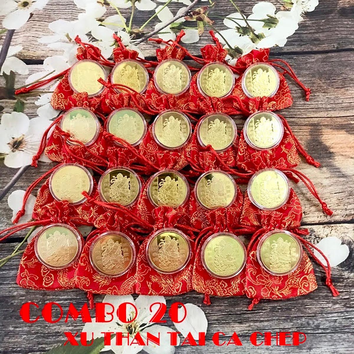 Combo 5 xu Thần Tài màu vàng Cá Chép tặng kèm túi gấm , dùng để làm quà tặng, biếu - ECOINS