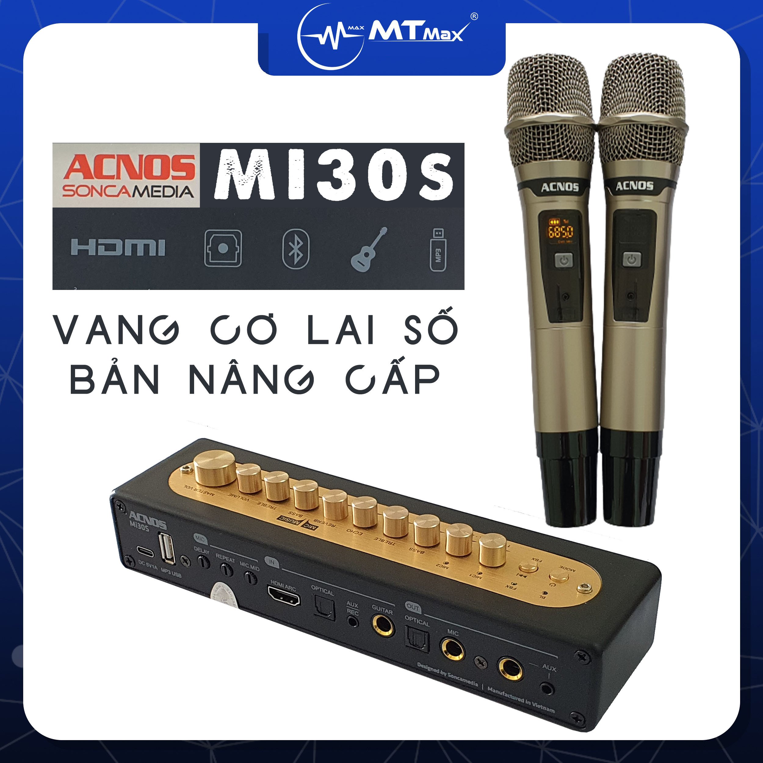 [Hàng mới về] [Tặng kèm 2 mic] Vang số chỉnh cơ ACNOS MI30s tích hợp công nghệ bluetooth 5.0 linh hoạt với chức năng chỉnh âm lượng cho từng micro, âm Bass, âm Treble, tiếng ECHO, REVERB, DELAY.