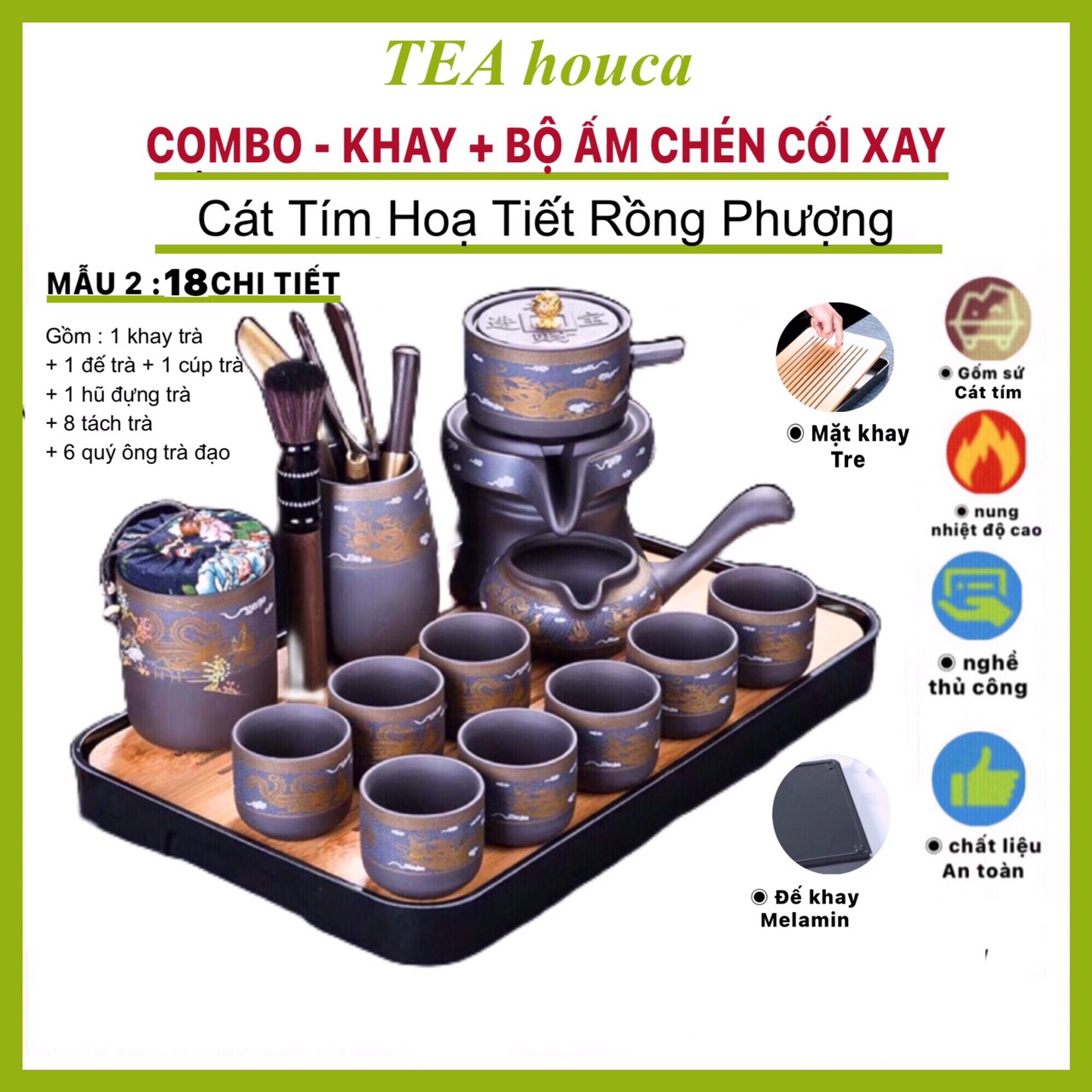 ComBo  Khay + Bộ Ấm Chén Trà Cối Xay Tự Động Rồng Phượng Gốm Sứ ,Cát Tím cao cấp Độc Đáo ,19, 18, Chi Tiết