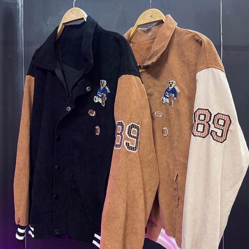 Áo khoác nhung bomber, áo bomber nhung gân maẫ thêu hình gấu, Áo Khoác Bomber Nhung 2 Lớp