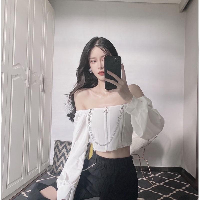 Áo trễ vai croptop khoá kéo cá tính mẫu 2021