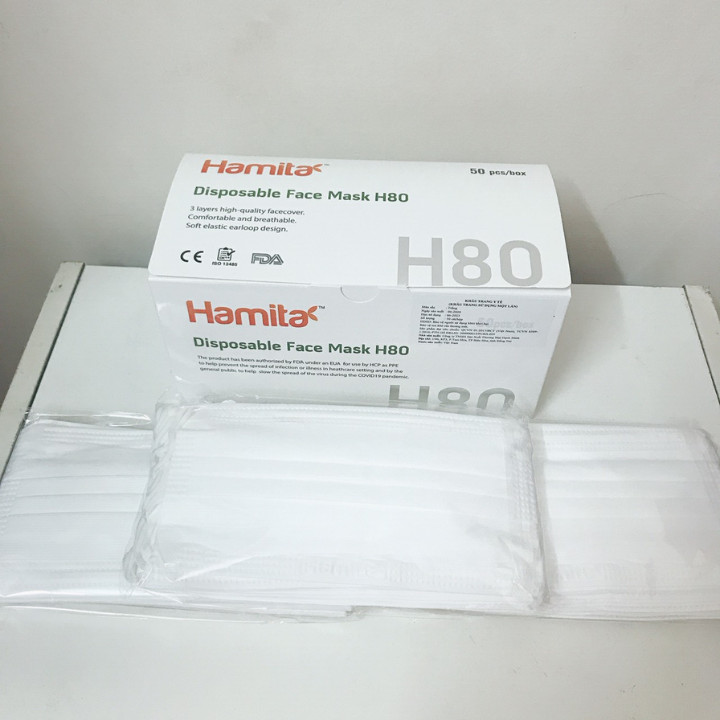 Khẩu trang y tế Hamita 3 lớp (Hộp 50 cái) Hàng xuất khẩu - ISO13485, CE, FDA - Model H80