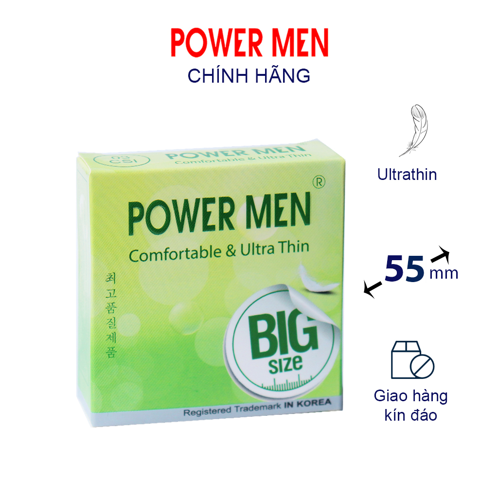 Bao cao su POWER MEN Hộp 3 bcs siêu mỏng, truyền nhiệt, size lớn 55mm