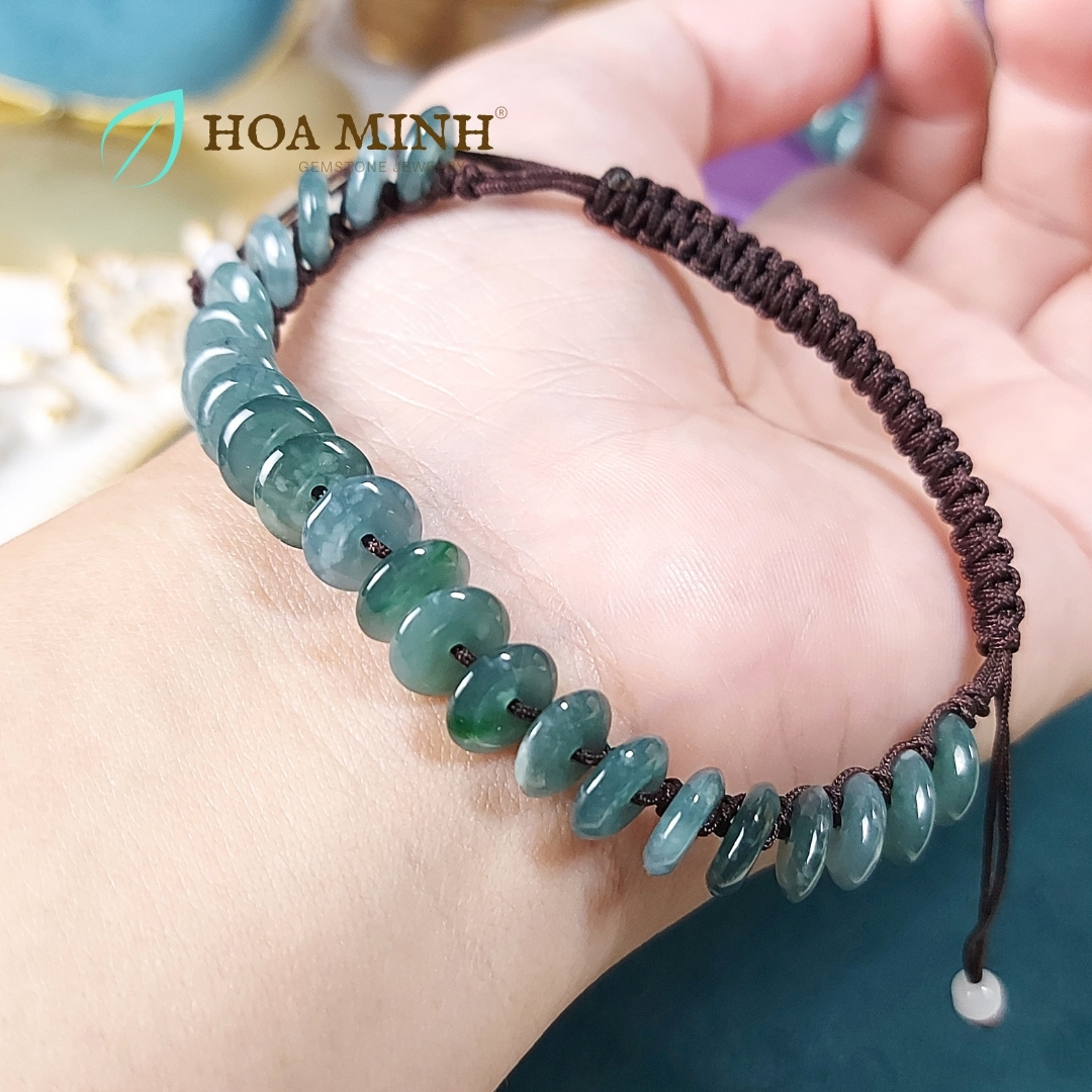 Vòng tay chỉ handmade thắt đồng điếu Cẩm Thạch Lam Ngọc size 8 li vừa mọi ni tay phong thủy may mắn, hạnh phúc