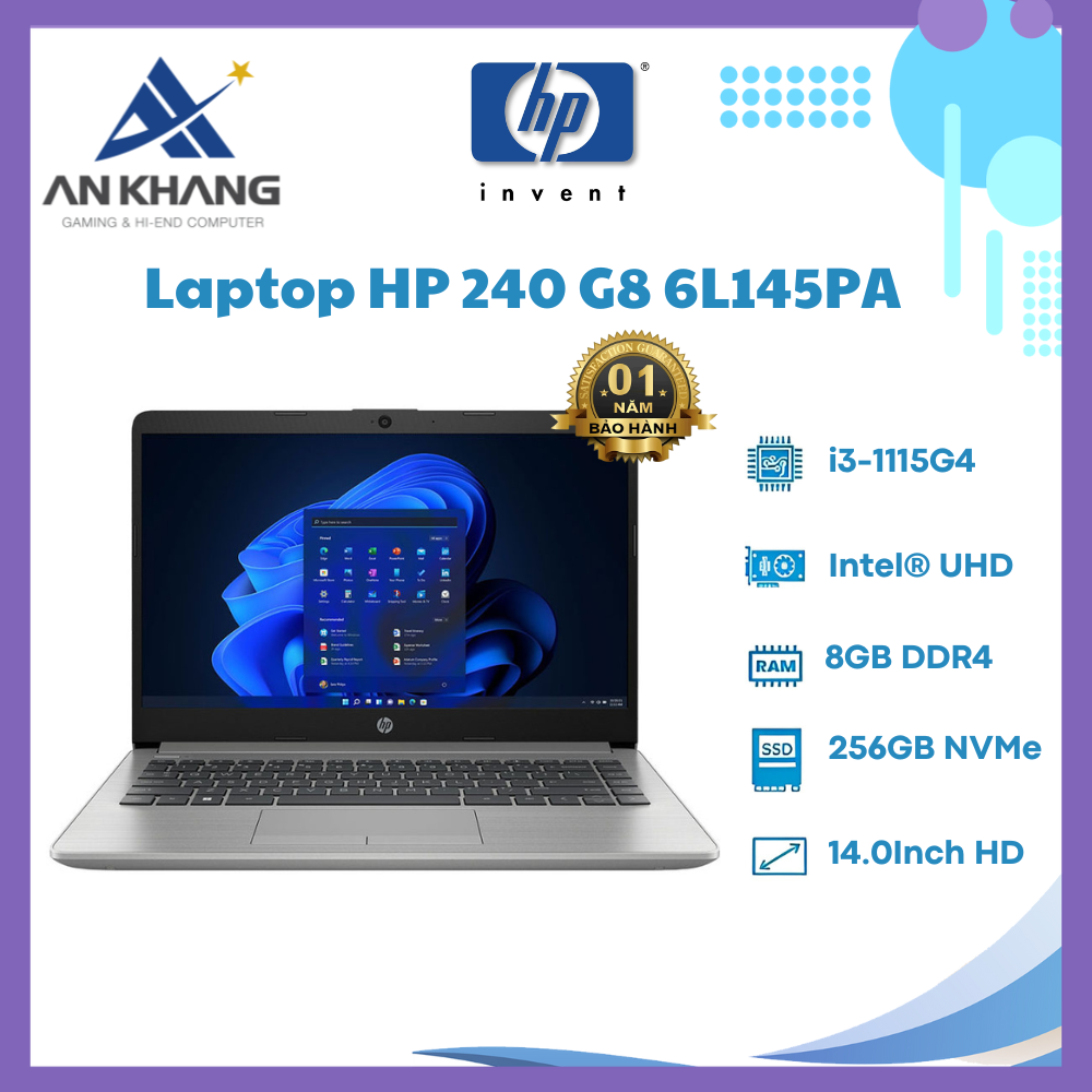 Laptop HP 240 G8 (6L145PA)/ Silver/ Intel Core i3-1115G4 (upto 4.1Ghz, 6MB)/ RAM 8GB/ 256GB SSD/ Intel UHD Graphics/ 14inch HD/ Win 11H/ 1Yr - Hàng Chính Hãng - Bảo Hành 12 Tháng