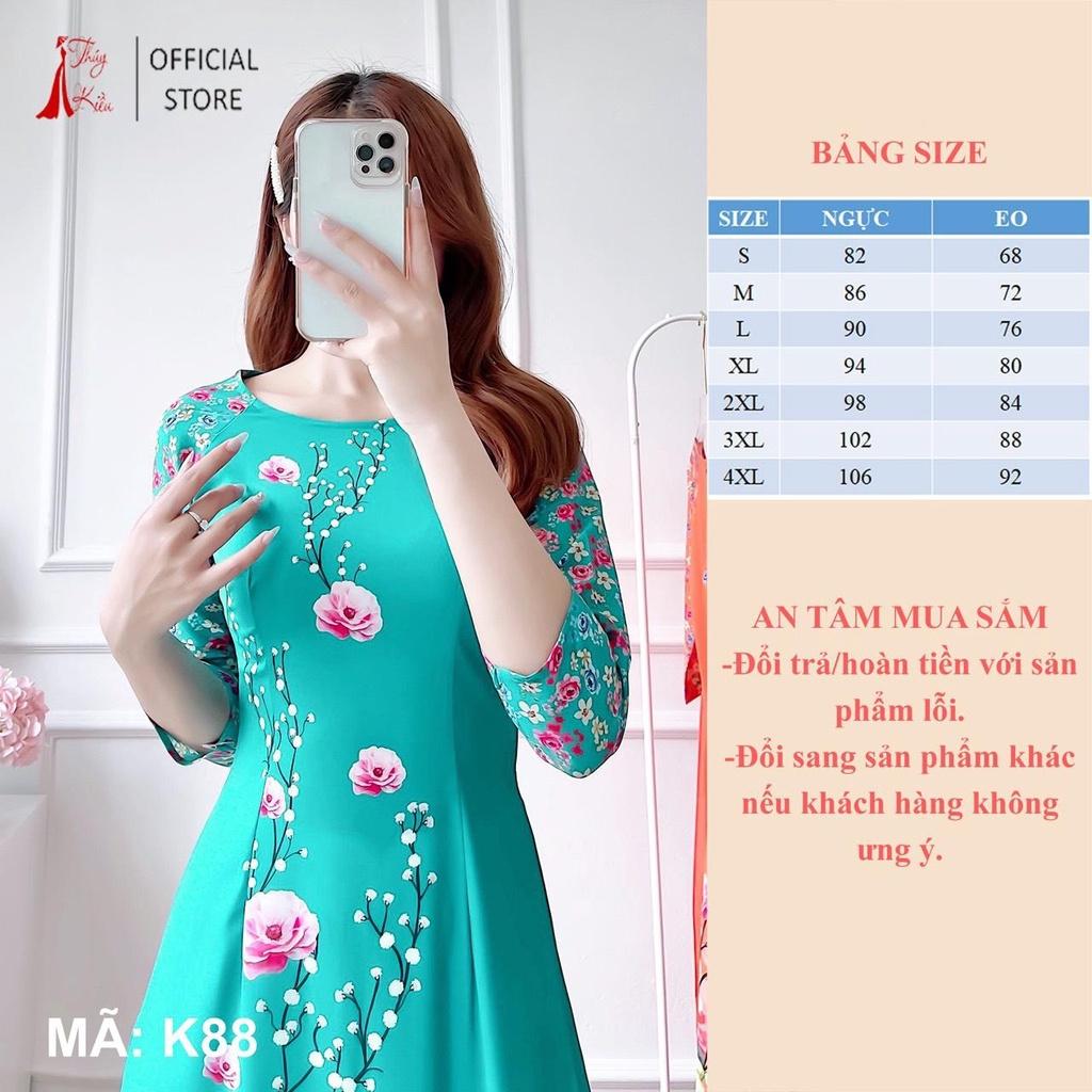 Áo dài nữ cách tân thiết kế đẹp in 3D lụa Nhật nền xanh ngọc hoa đào K88