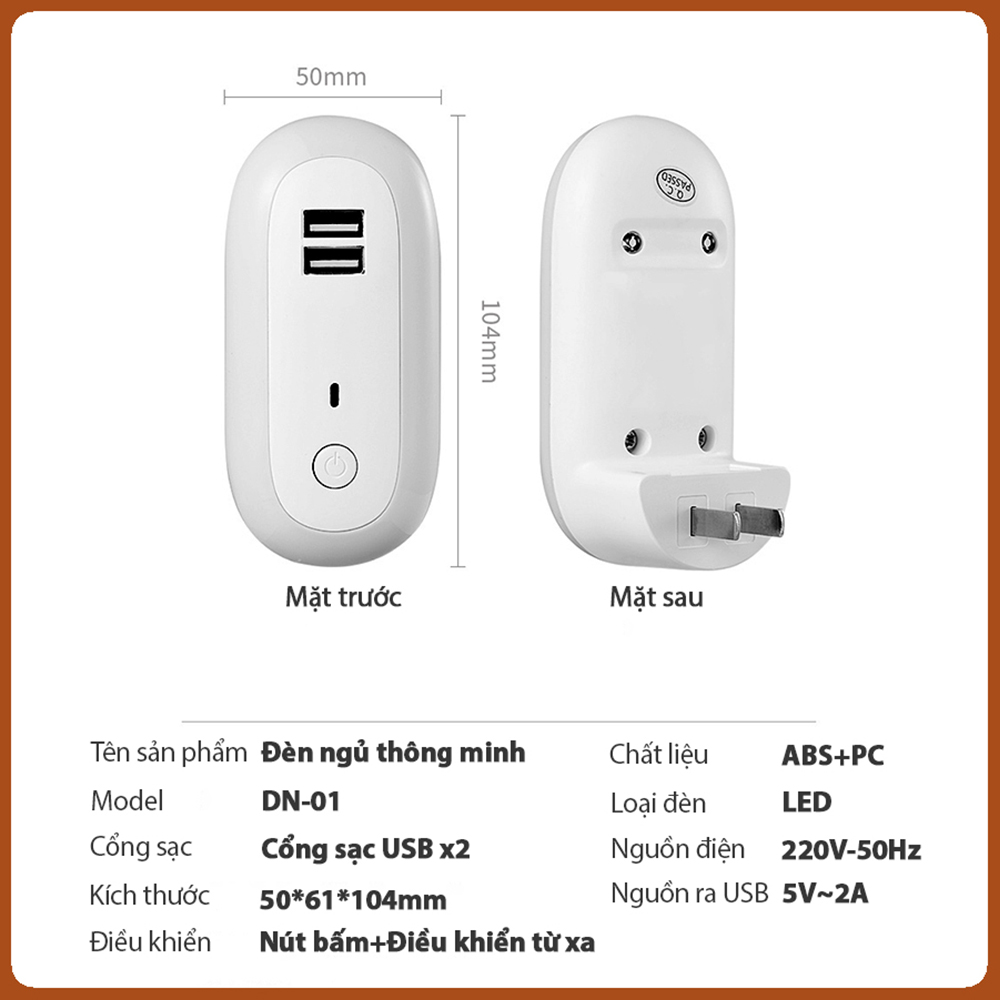 Đèn ngủ Oval cắm điện 10 cấp độ sáng có remote - đèn ngủ thông minh - hẹn giờ - 2 cổng USB sạc nhanh DRU - Hàng Chính Hãng