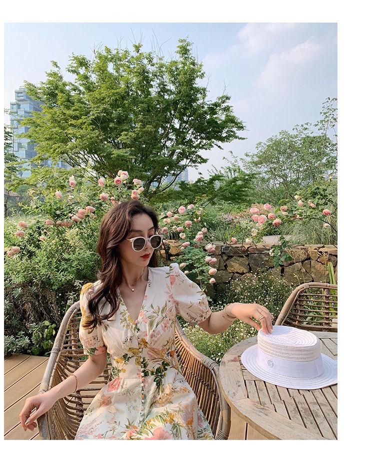 TOBE1SHOP 2023 Xuân/Hè Jumpsuit Nữ dài tay áo Hàn Quốc V cổ đèn lồng tay áo đầm in váy cao eo rộng chân quần
