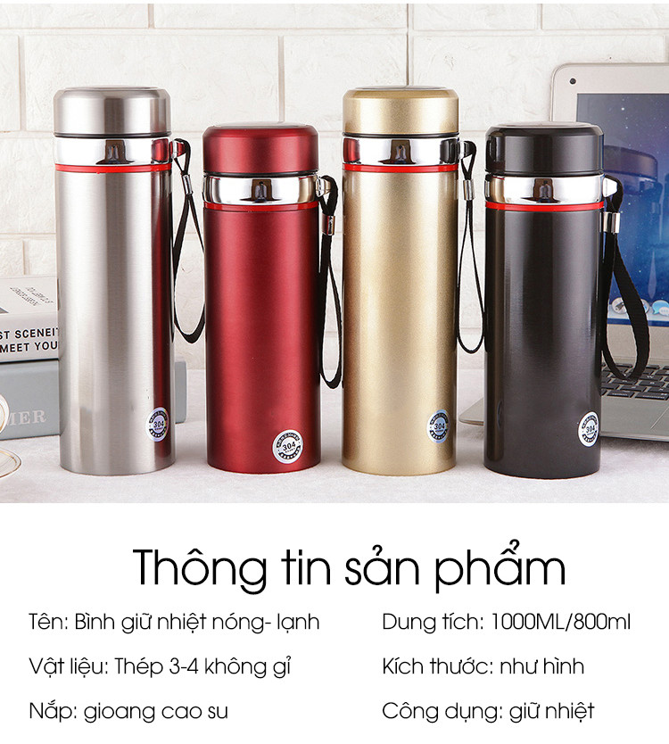 Bình Giữ Nhiệt Nóng, Lạnh Inox, Bình Lưỡng Tính Ly, Cốc Cách Nhiệt Cao Cấp , 1000ml 2 Lớp, Có Tấm Lọc, Giữ Nhiệt Lên Đến 8 Tiếng