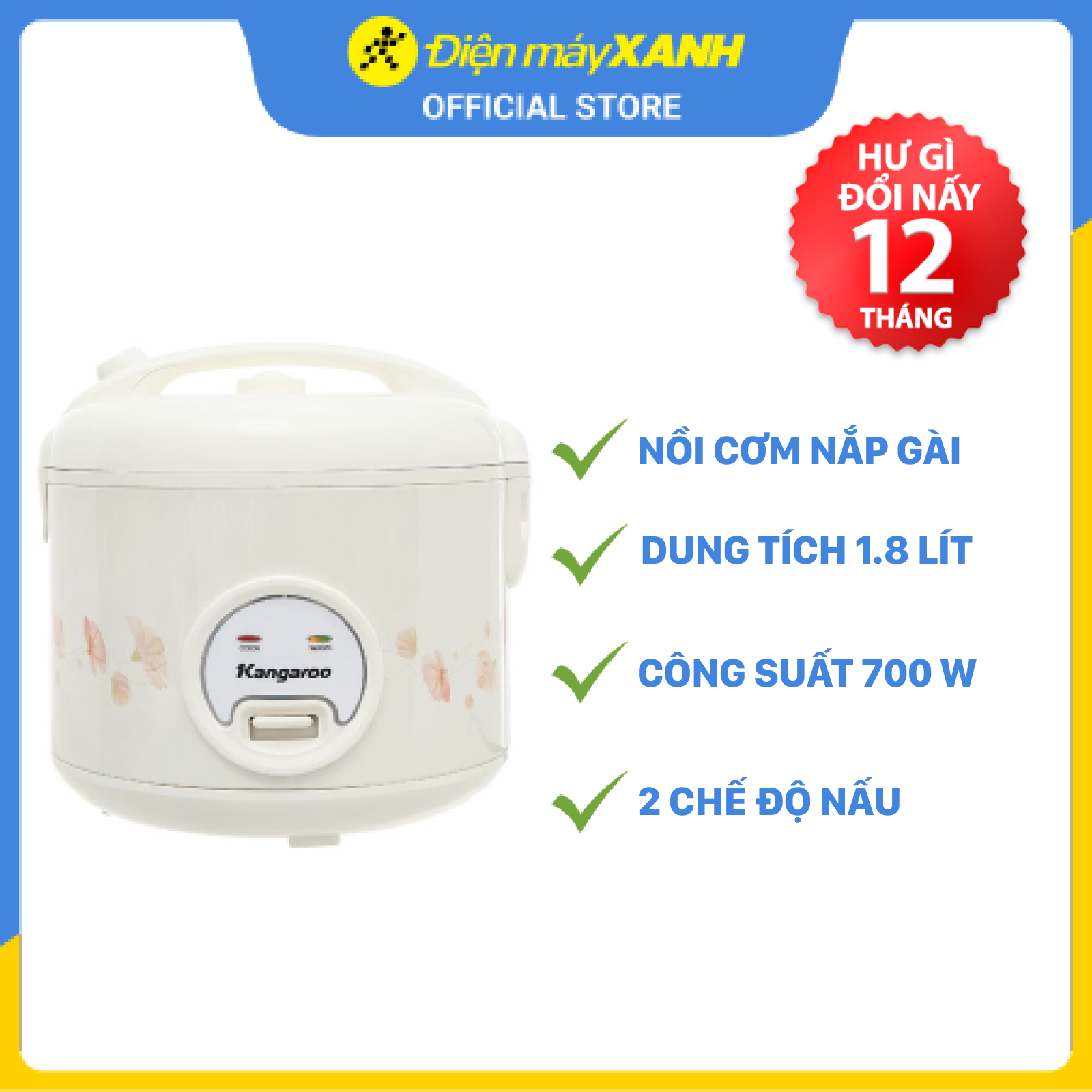 Nồi cơm điện nắp gài Kangaroo 1.8 lít KG18RC3 - Hàng chính hãng