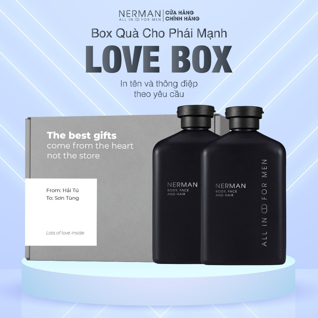 Bộ quà tặng Noel giáng sinh cho nam LOVE BOX - 2 Sữa tắm gội hương nước hoa cao cấp NERMAN 350ml/chai