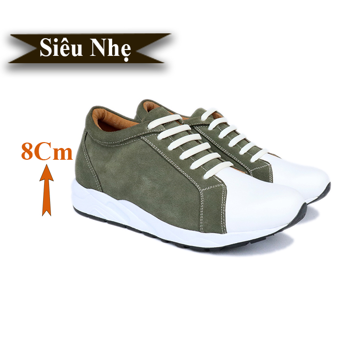 Giày Tăng Chiều Cao Nam Siêu Nhẹ T&TRA Tăng Cao 8Cm- T18 Xanh Rêu- Chất Liệu Da Bò Cao Cấp, Đế và Lót Tăng Cao Chất Liệu EVA Siêu Nhẹ, Trọng Lượng Nhẹ Hơn 30% So Với Đế Cao Su