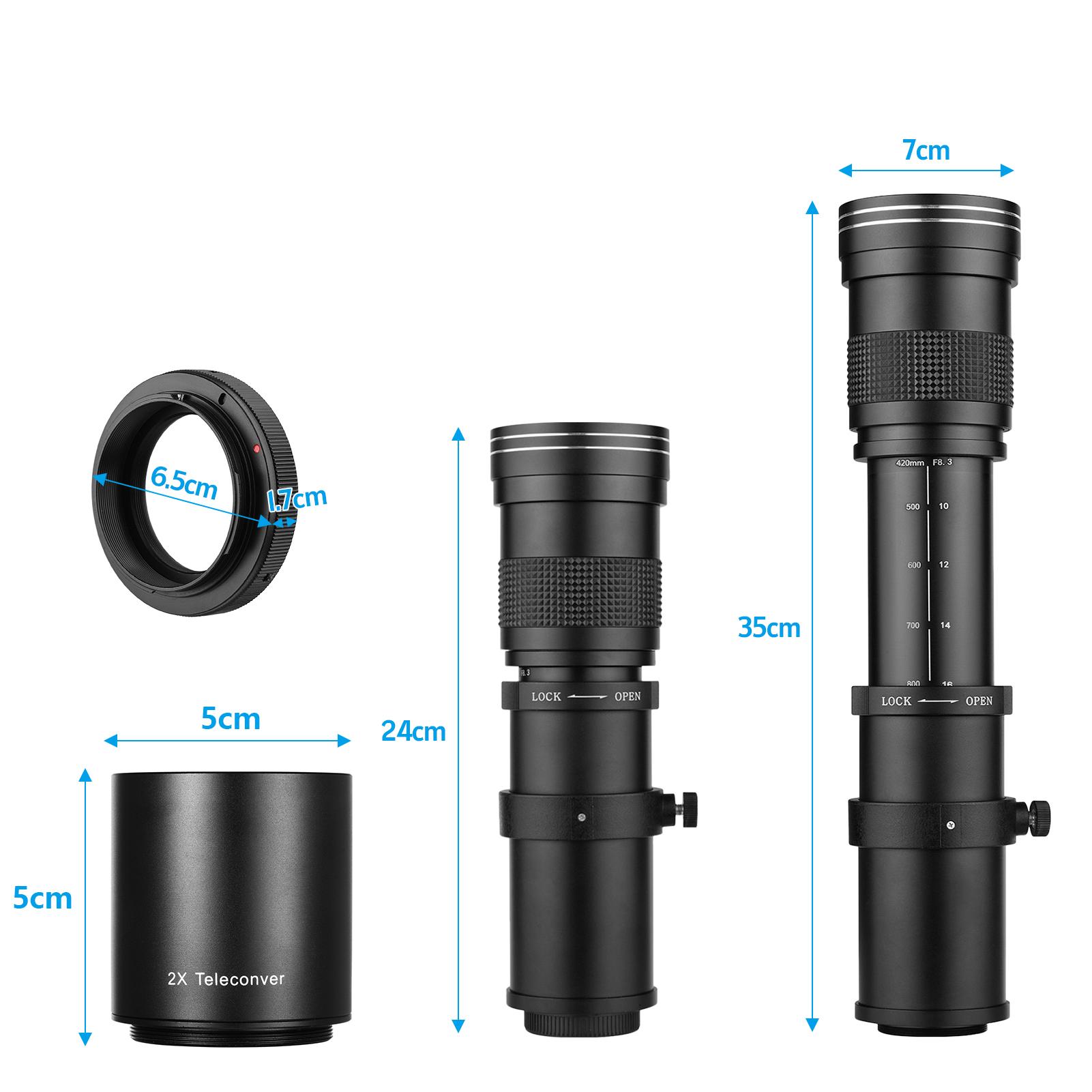 Camera MF Telephoto Zoom Lens F/8.3-16 T Mount+UV/CPL/FLD Filters + 2X 420-800mm Teleconverter Lens+T2-EOS Adapter Ring
