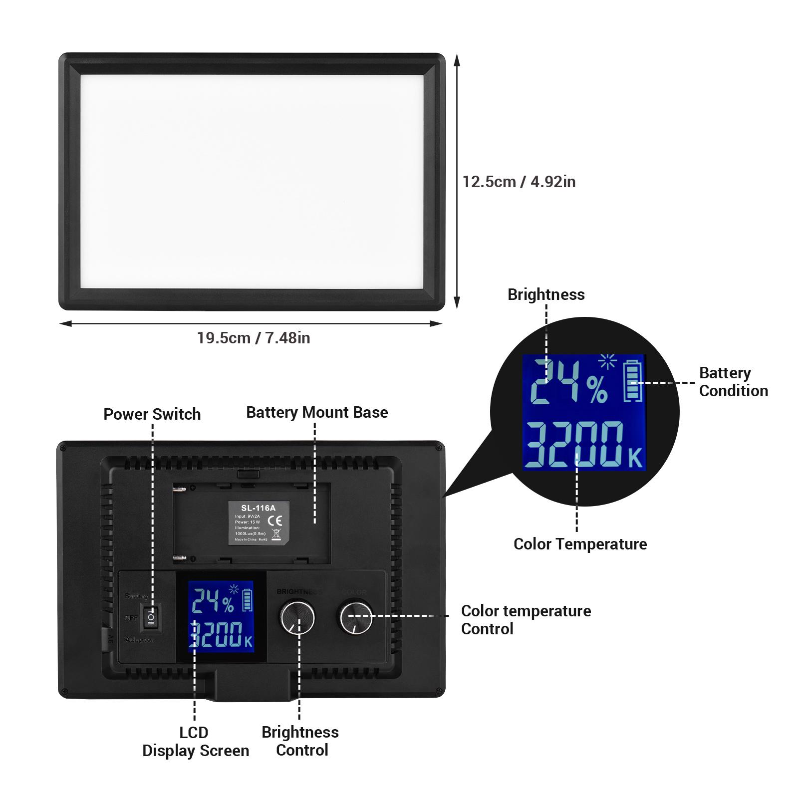 Đèn video LED trên máy ảnh 15W 3200-5600K CRI95 + Màn hình LCD có thể thay đổi độ sáng vô cấp hai màu với Giá đỡ giày lạnh NP-F570