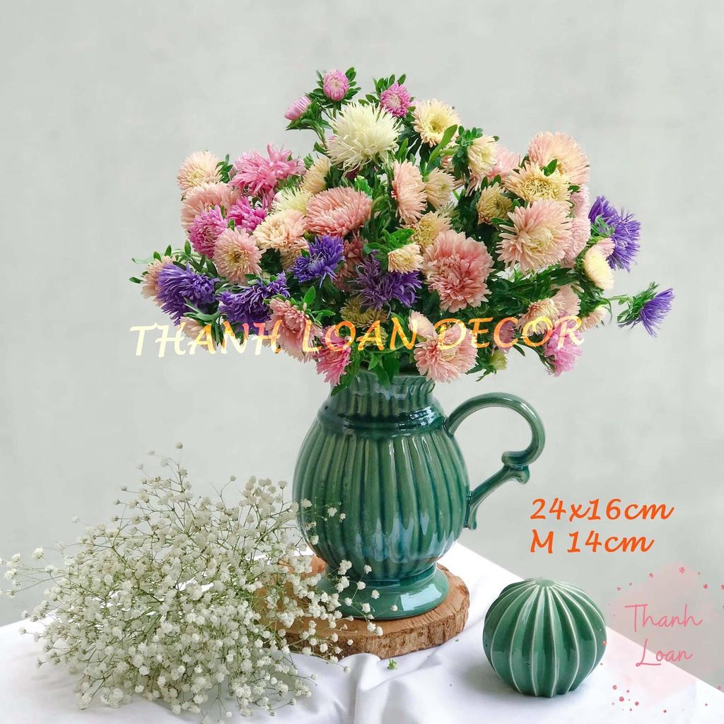 Lọ hoa gốm Bát Tràng - Bình hoa dáng quai sữa cao 22 cm trang trí decor - Men xanh ngọc