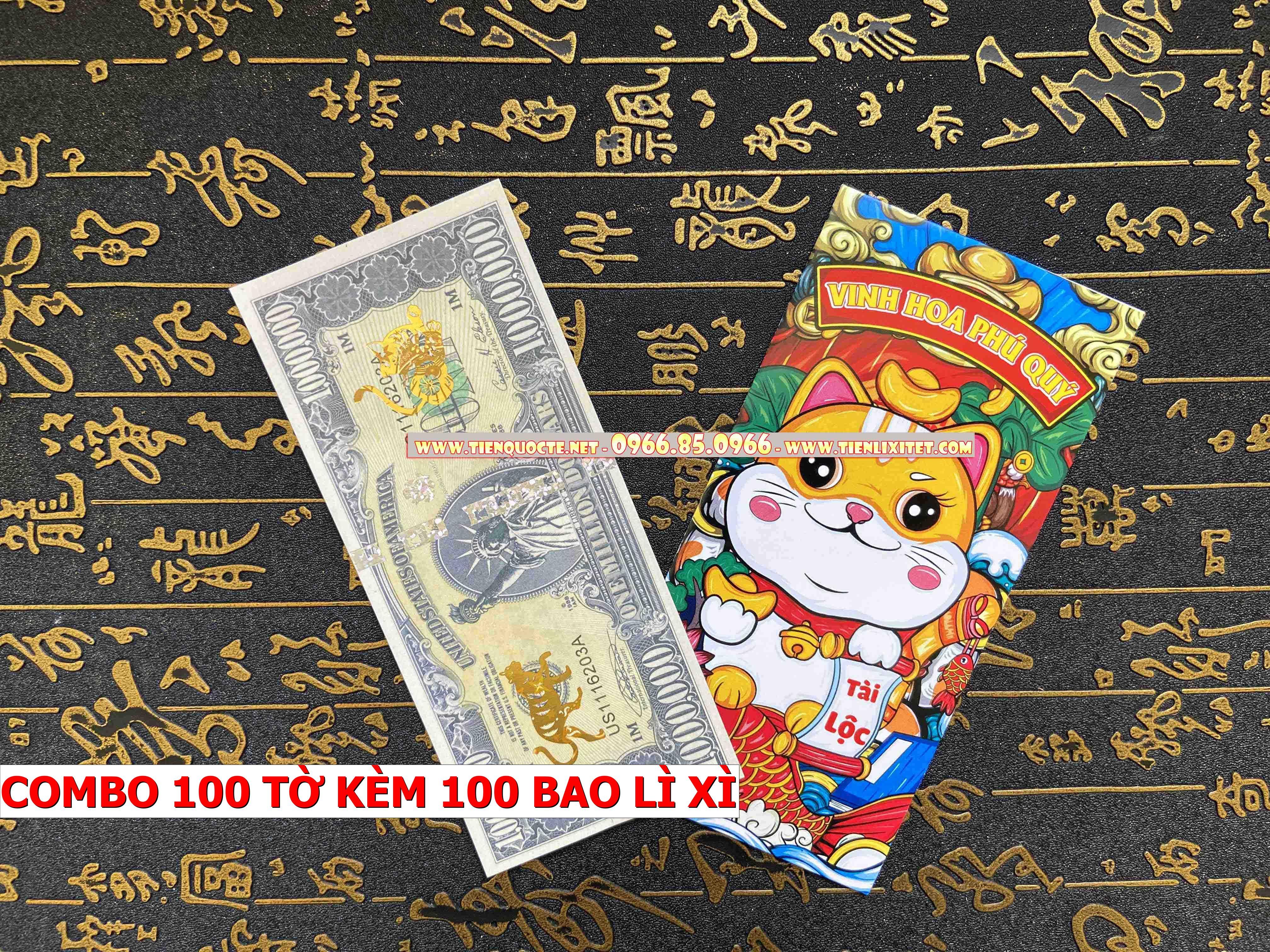 Cặp 100 tấm Lì xì tiền 2023 Tiền 1 Triệu Con mèo May Mắn Quý Mão, tặng kèm bao đỏ tài lộc 2023 CQTLNLGD02342