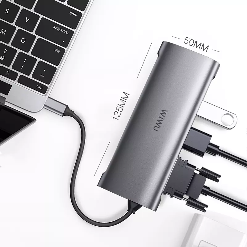 Hub chia cổng Type-C đa năng 10 in 1 từ Type C chia ra 3 cổng USB 3.0, AUX 3.5mm, 2 cổng HDMI chuẩn 4k, VGA 1080P, LAN RJ45, thẻ nhớ SD/Micro SD hiệu Wiwu Alpha A11312H - hàng nhập khẩu