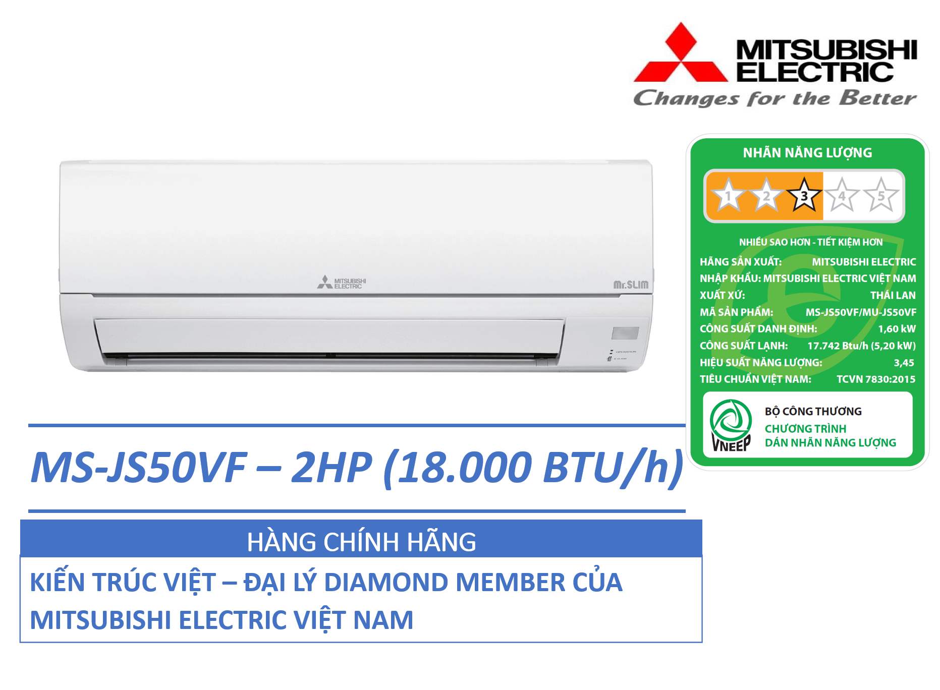 J)ĐIỀU HÒA KHÔNG KHÍ (MÁY LẠNH) MITSUBISHI ELECTRIC MS-JS50VF - 2 HP(NGỰA) (18,000 BTU/h) - NON-INVERTER - HÀNG CHÍNH HÃNG