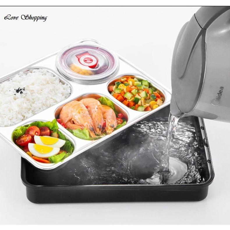 Khay Cơm Inox 304 5 Ngăn Tặng Kèm Muỗng Đũa - Khay Có Nắp Nhựa Pp Cùng Các Khớp Khóa Giữ Nhiệt Chống Tràn - Hàng Loại 1
