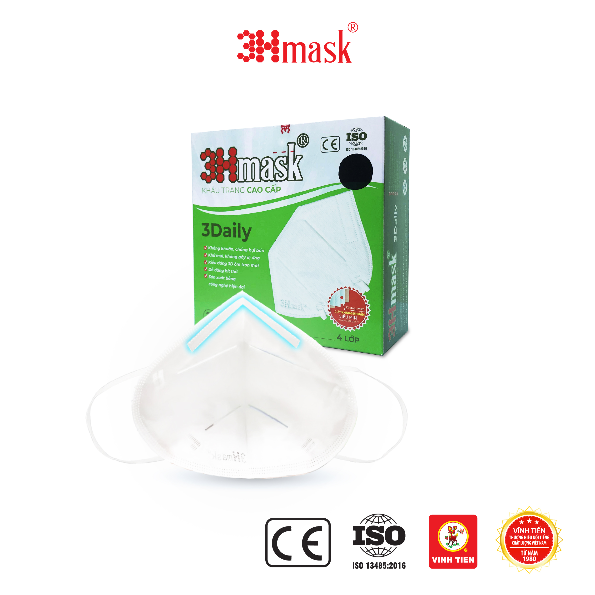 [Thùng 30 hộp] Khẩu Trang 3Hmask 3Daily Quai Tròn Đen (20 cái x 30 hộp)