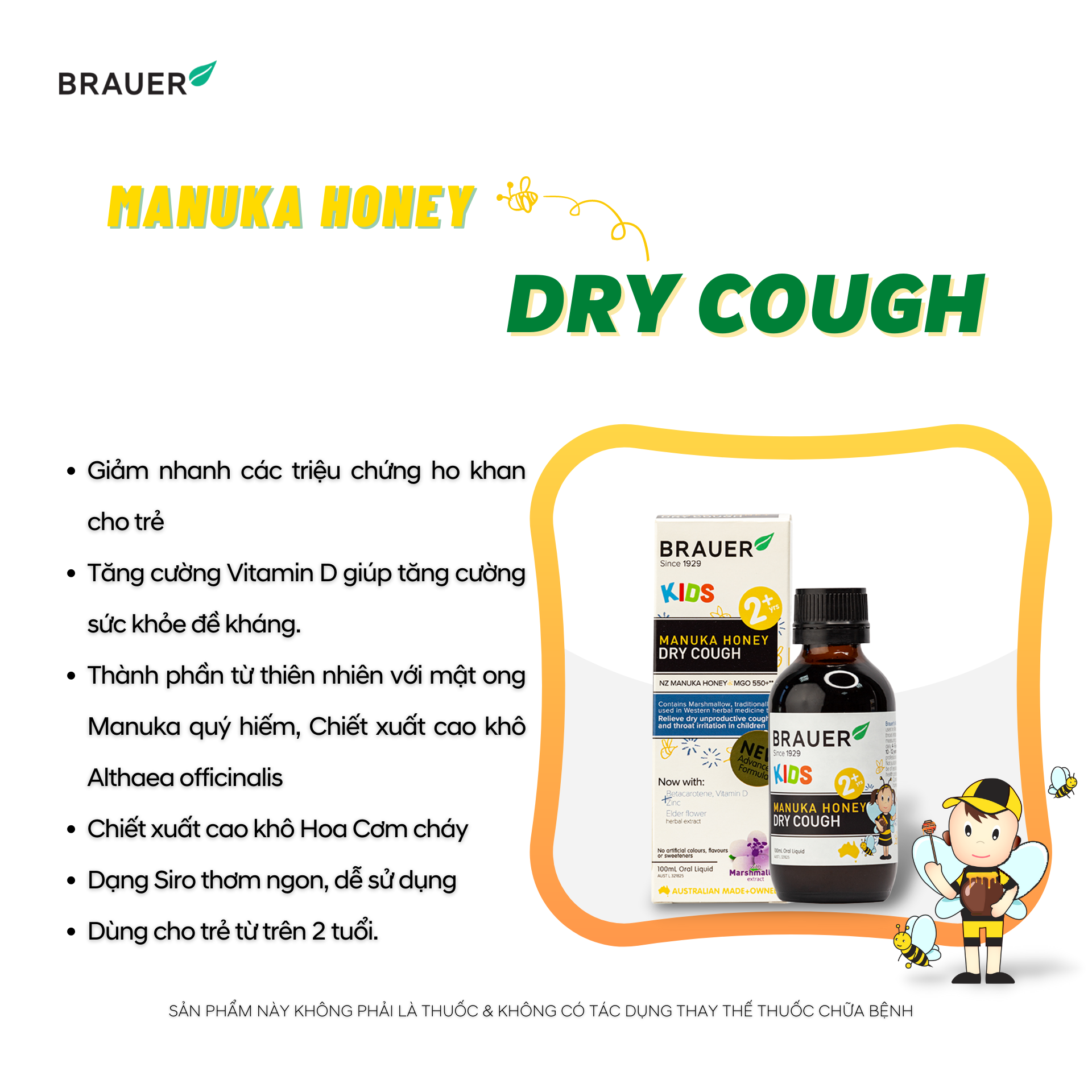 Siro hỗ trợ giảm ho cho trẻ từ 2 tuổi Brauer Manuka Honey Úc giảm ho, ngứa và rát cổ họng, làm mát và dịu cổ họng, tăng sức đề kháng - OZ Slim Store