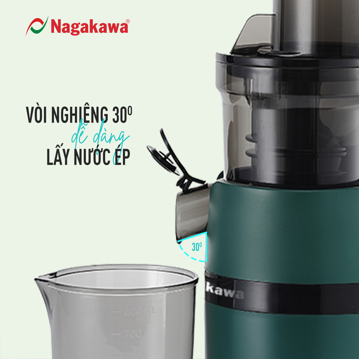 Máy ép chậm Nagakawa NAG0818 - Trục ép 6 phân đoạn kiệt bã - Ống tiếp thực phẩm lớn - Hàng chính hãng