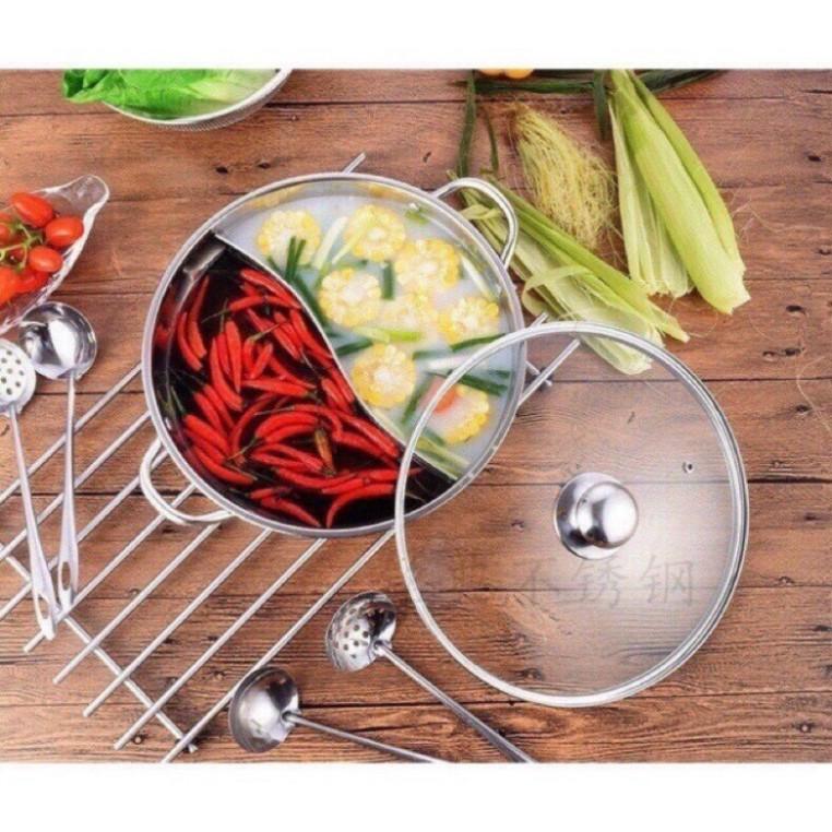 Nồi lẩu 2 ngăn 30cm, nấu được bếp từ nhé có nắp kính |