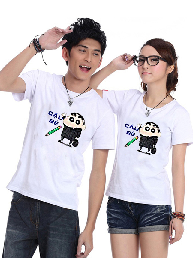 Bộ Áo Thun Đôi Nam Nữ Shin Màu Trắng