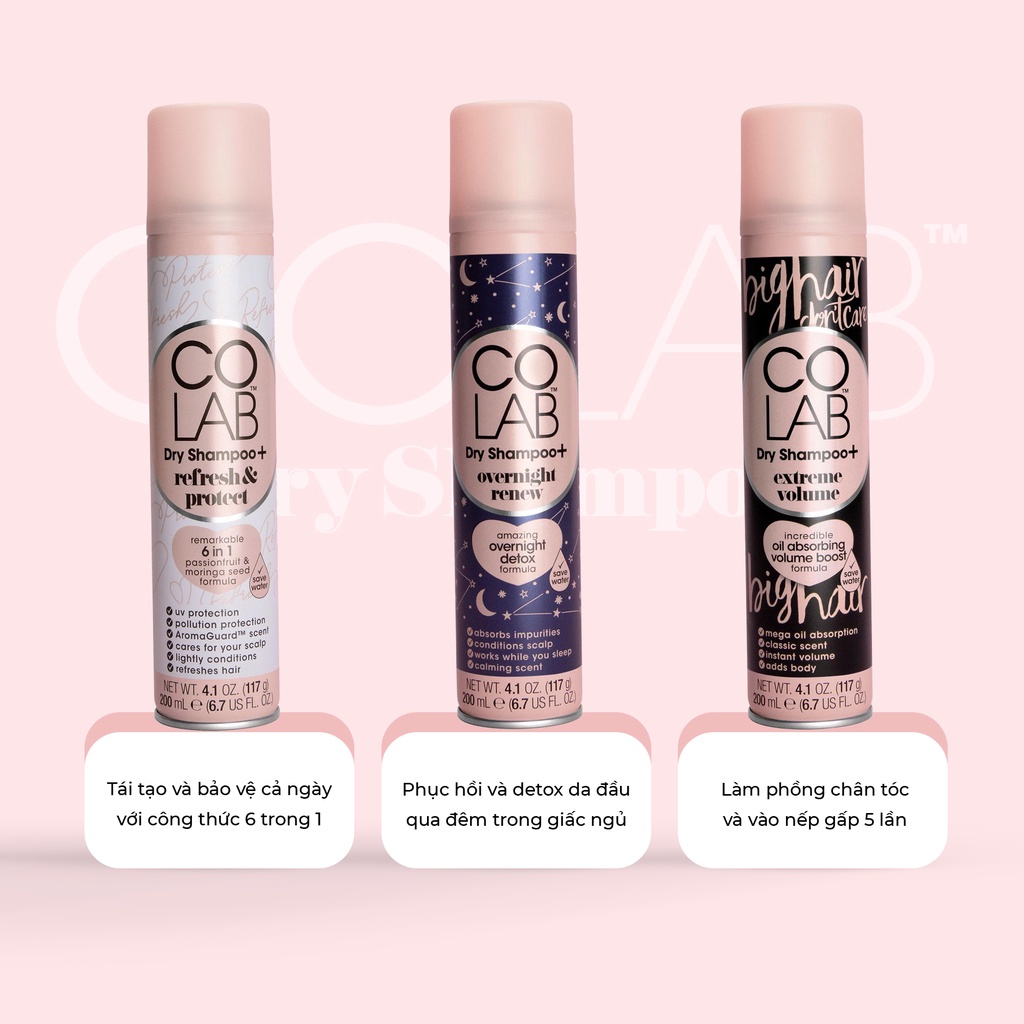 Dầu Gội Khô Colab Dry Shampoo 200ml Dưỡng Tóc Mềm Mượt, Tóc Sạch Bồng Bềnh, Vào Nếp Sau 5 Giây