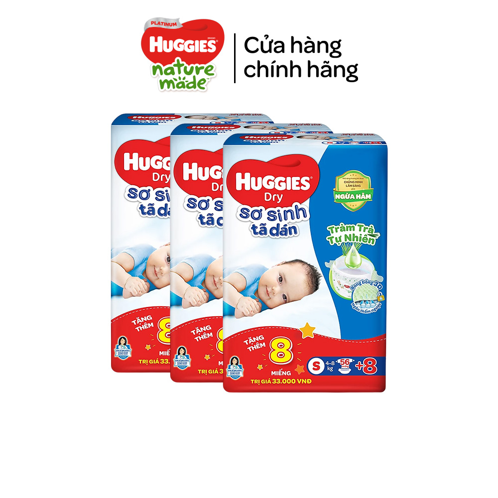 [Tặng thêm miếng] Thùng 3 gói Tã dán sơ sinh Huggies Tràm Trà NB70/S54/S80