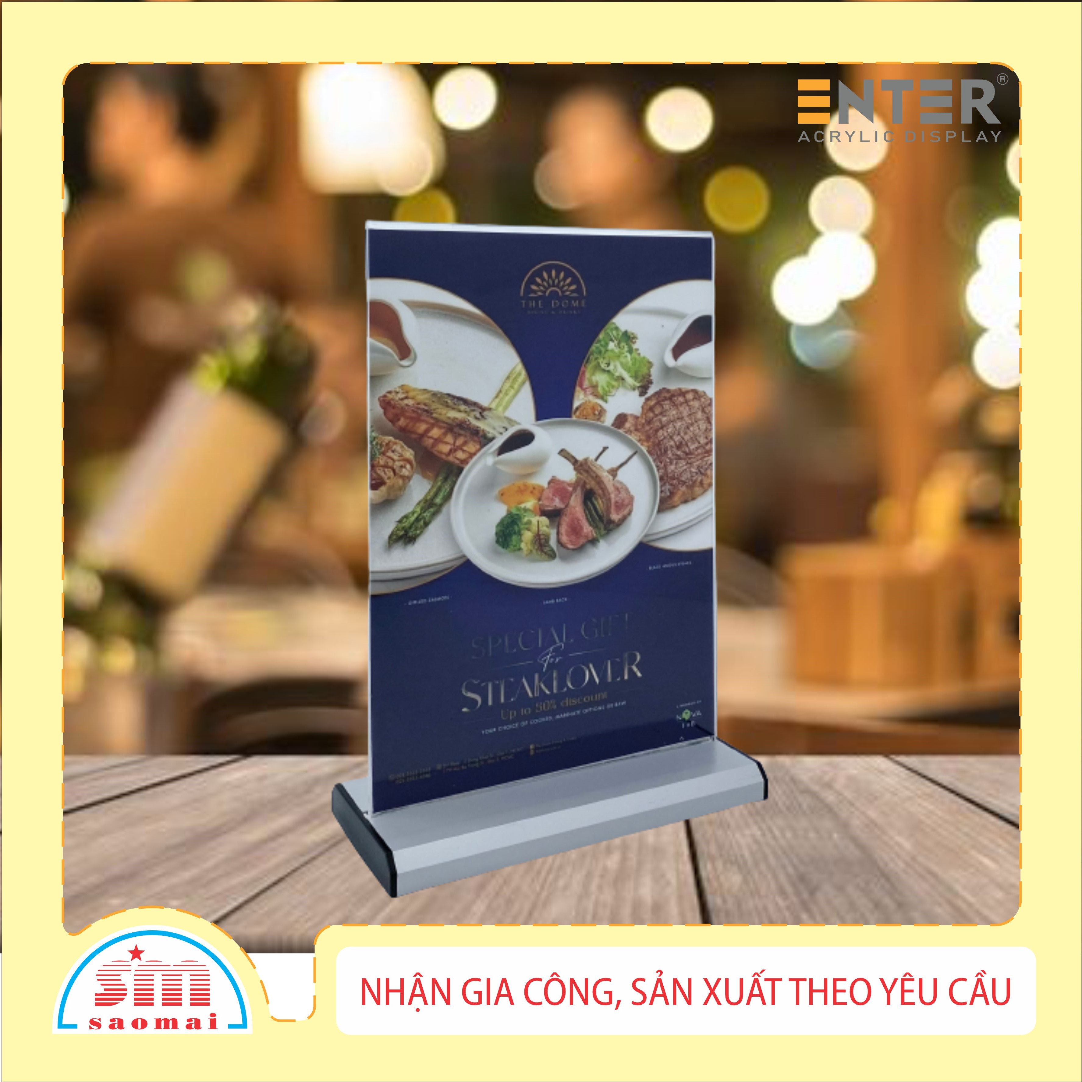 Kệ menu nhà hàng, Standee mica để bàn, Bảng quét mã QR Code, Kệ mica 2 mặt Enter E33 100x150mm đế nhôm A6