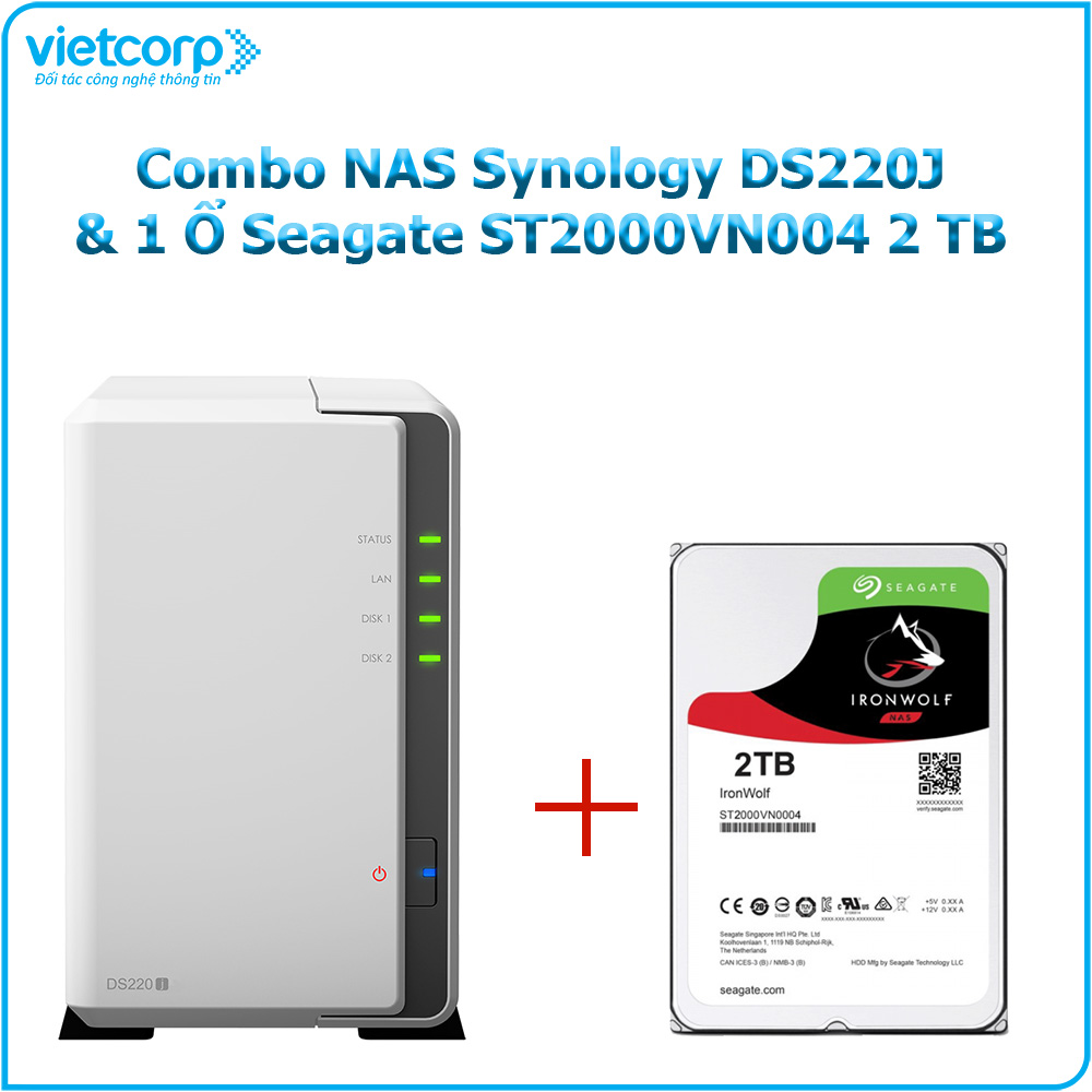 Combo Thiết bị lưu trữ NAS Synology DS220j và 1 ổ cứng HDD Seagate ST2000VN003 2TB - Hàng chính hãng