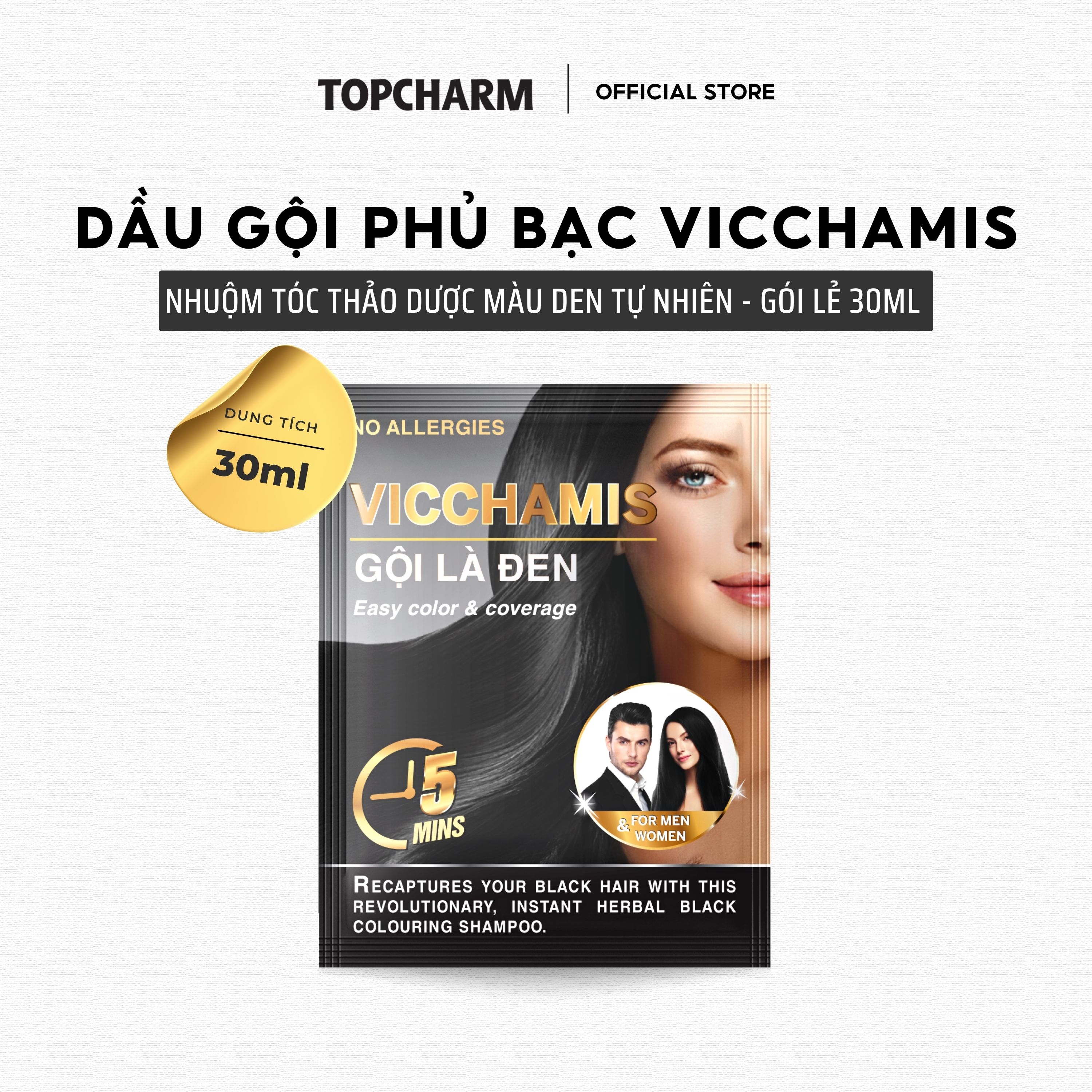 Dầu gội phủ tóc bạc giúp tóc đen tự nhiên, kích mọc tóc nhanh, giảm rụng tóc VICCHAMIS gói lẻ