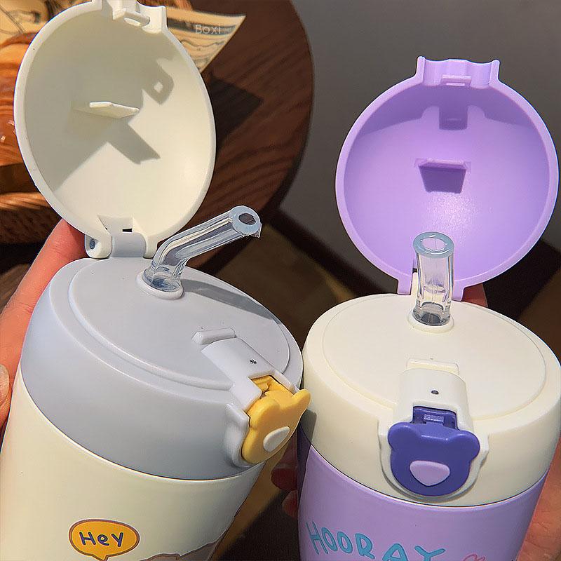 Ins Kawaii Gấu Nhiệt Chân Không Thép Không Gỉ Trẻ Em Ống Hút Nước Cho Trường Giữ Nhiệt Màu Bé Gái Dễ Thương Sippy Uống ly