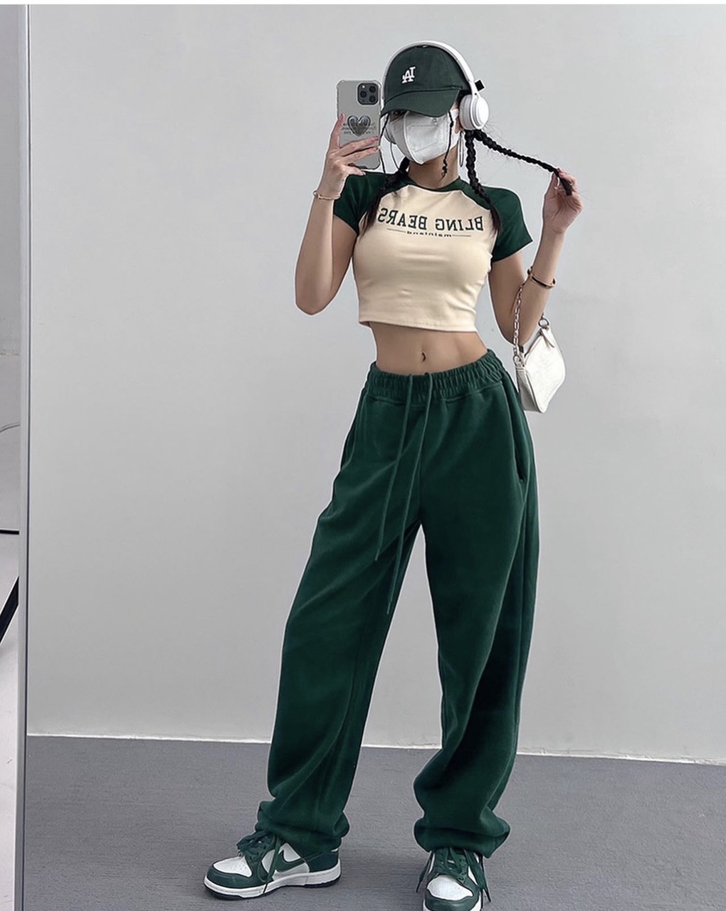 SET ÁO CROPTOP THUN RAGLAN + QUẦN ỐNG RỘNG LƯNG THUN JOGGER XANH RÊU