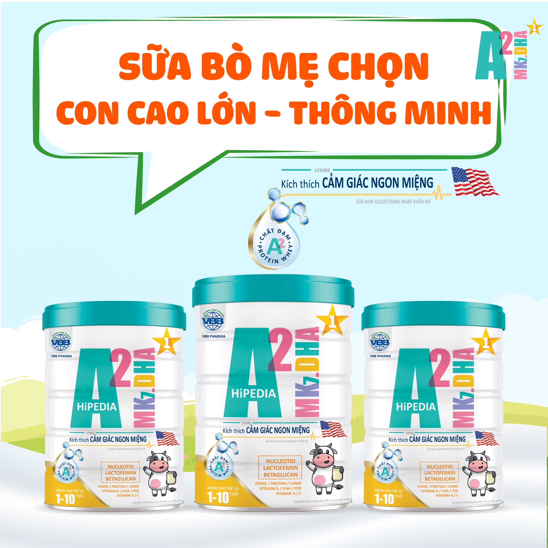 Sữa Bột A2 Mk7.DHA HiPedia- Hỗ Trợ bé Biếng Ăn