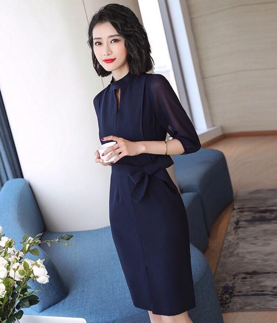 Đầm body cổ chocker tay voan lưới dây nơ eo S.MLXL