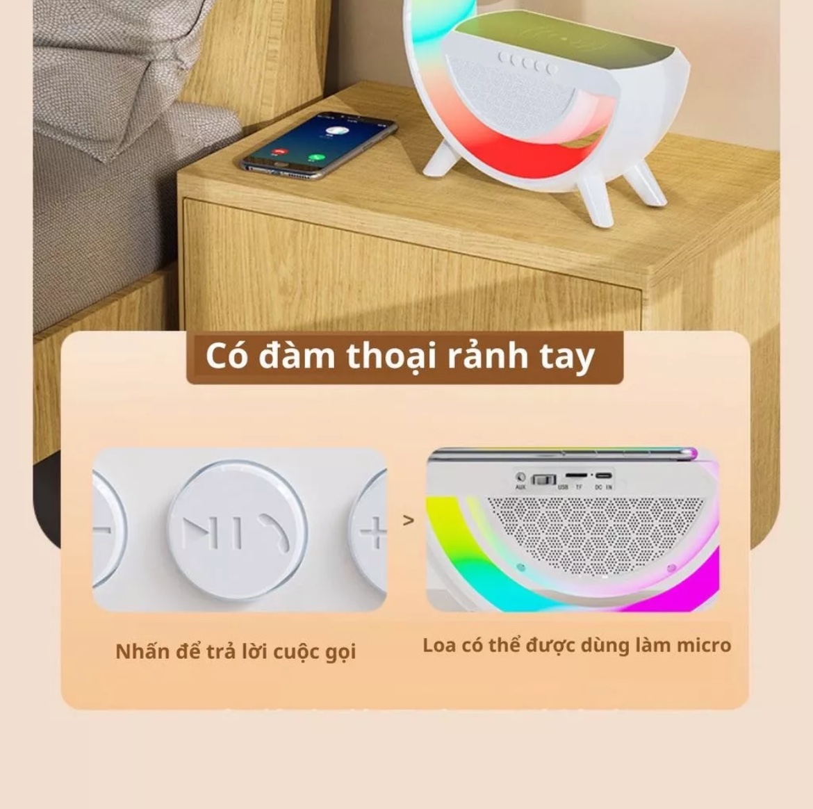 Loa bluetooth kiêm sạc không dây đèn tạo không khí 3in1 BT2301 kiêm sạc dự phòng - Đèn led theo nhạc cực hay mạnh mẽ, đèn ngủ, đèn báo thức, hiệu ứng ánh sáng nhiều màu - 7 độ sáng màu trắng tinh tế
