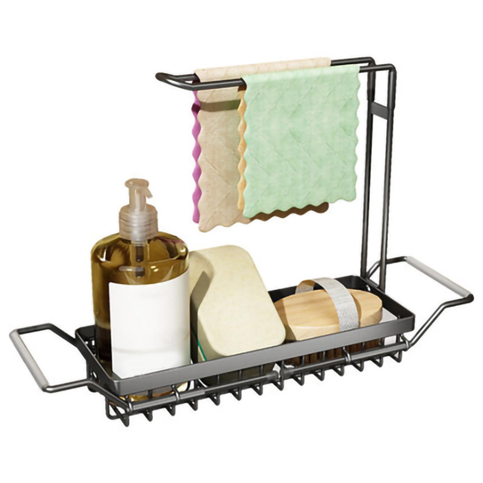 Over the Sink Storage Rack Organzier Adjustable Sponge Holder Drain Basket with Dish Towel Hanger