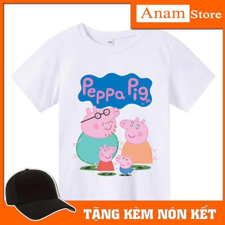 Áo thun trẻ em nhiều màu Heo Peppa Pig, Tặng kèm nón kết, có size người lớn, Anam Store