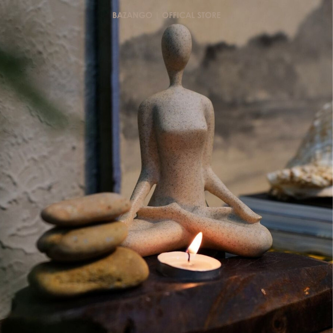 Bô Tượng Yoga kèm đế gỗ và bộ đá &quot;Zen&quot; tự nhiên - Bazango - Trang Trí Nhà