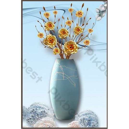 Tranh dán tường Tranh hoa hồng vàng bình xanh sang trọng, tranh dán tường 3d hiện đại MS879224