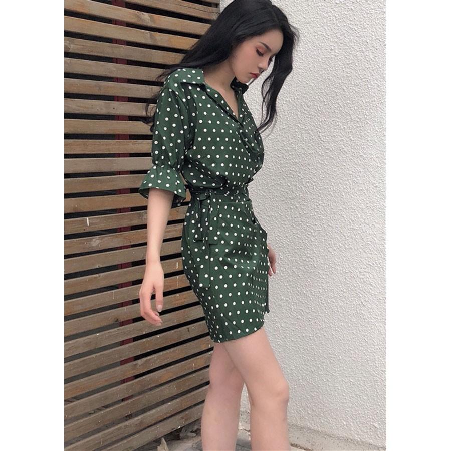 Đầm ôm cổ sơ mi chấm bi đài rời, chất vải mềm mát, hàng nhập Quảng Châu