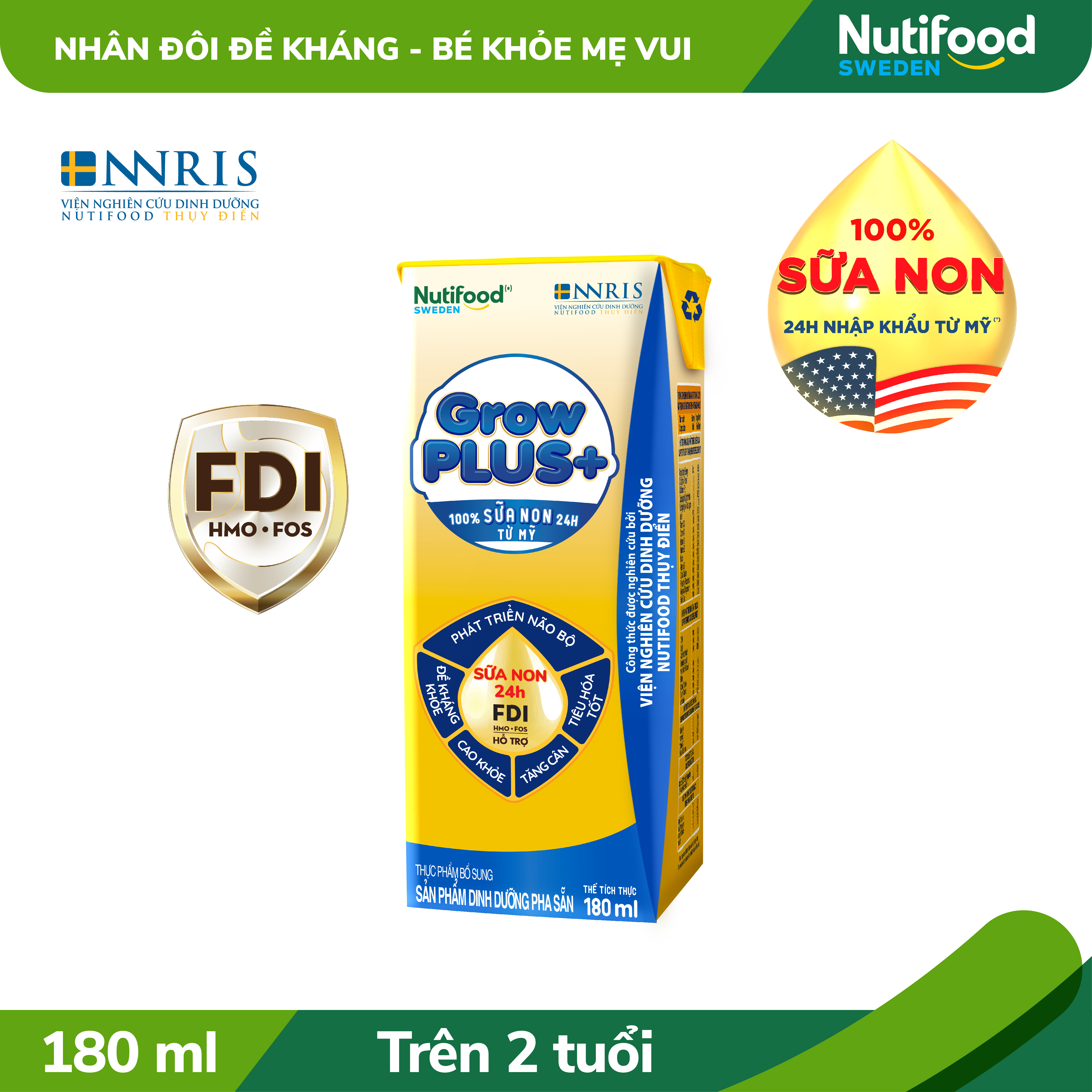 Thùng sữa bột pha sẵn Nutifood GrowPLUS+ Sữa Non Tăng Đề Kháng 2+ (48 hộp x 180ml)